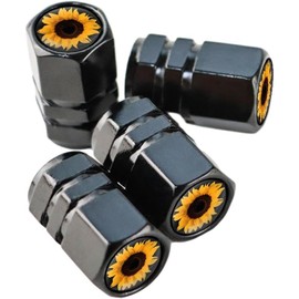 4Pcs Black Sunflower Tire Valve Stem Caps Cover, Metal Air Valve Cap, Aluminum Car Wheel Stem Caps, Universal Stem Covers for Cars, Bikes, Motorcycles, Bicycles Resistant Tire Valve Stem Caps