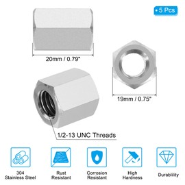 PATIKIL 1/2"-13 UNC 304 Stainless Steel Hex Coupling Nuts, 5 Pieces 0.8" Length Full Thread Rod Coarse Clutch Nut Fasteners, Silver Tone