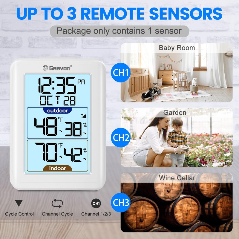 Geevon Digital Hygrometer Indoor Outdoor Thermometer Wireless with Clock, Backlight