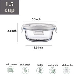R.repad yay Small Round Glass Food Storage Containers With Lids, 1.5 Cup Round Meal Prep Bowls With Lids BPA-Free, Airtight Small Glass Food Containers for Microwave, Dishwasher, Freezer Safe-（4 pack）