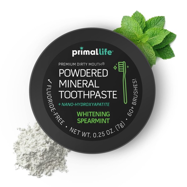 Primal Life Organics - Dirty Mouth Toothpowder, Activated Charcoal Tooth Cleaning Powder, Essential Oils with Kaolin & Bentonite Clay, 200+ Brushings, Organic, Vegan (Black Spearmint, 0.25 oz)