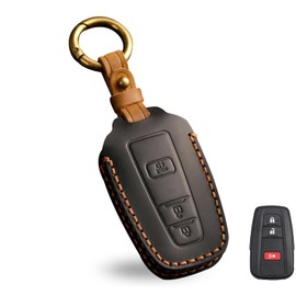Aoocar 3 Button Genuine Leather Key Fob Cover, for Toyota RAV4 Camry Corolla Avalon C-HR Prius 4Runner Highlander Mirai 2018 2019 2020 2021 2022(Black)