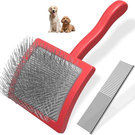 2PCS Slicker Brush for Dogs & Pet Comb,Professional Dog Grooming Brush (Goldendoodles,Poodles,Labradoodles) with Extra Long Pins to Effectively Remove Tangles, Knots and Mats (Red)