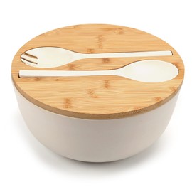 ShineMe Large Salad Bowl with Lid, Bamboo Fiber Salad Serving Bowl Set with Utensils, 9.8inches Mixing Bowl with Servers, Solid Bamboo Wooden Bowl for Salad, Fruits, Vegetables and Pasta(White)