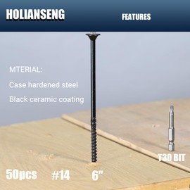 6 inch Black Wood Screws, Heavy Duty Construction Screw, Rust Resistant, Washer Head,Black Ceramic Coated Exterior Wood/Lag/Timber Screws, T30 Star Drive with Bit