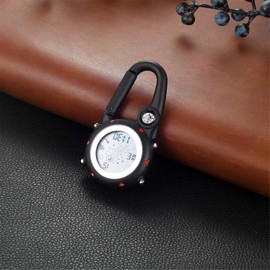 Lancardo Pocket Watch Carabiner Watch LED Numbers Compass Electronic Day Calendar Alarm Clock Waterproof Alien Face Men Women Keychain Clock Clip Pocket Watch Orange, red