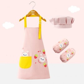 Kids' Waterproof Cooking Apron, Chef Hat, and Sleeves 3-Piece Set for Kindergarten & Parent-Child Activities 120 Recommended Height 100-130/Pink Rabbit + Sleeves 3ea