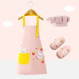 Kids' Waterproof Cooking Apron, Chef Hat, and Sleeves 3-Piece Set for Kindergarten & Parent-Child Activities 120 Recommended Height 100-130/Pink Rabbit + Sleeves 3ea