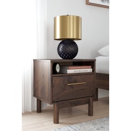 Signature Design by Ashley Calverson Modern 1 Drawer Nightstand with Open Cubby, Dark Brown