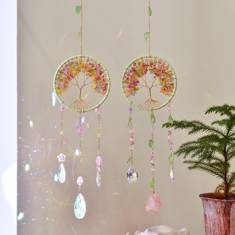 Tree of Life Crystal Suncatcher with Rose Quartz, Crystal Decor