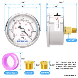 MEANLIN MEASURE -30inHG~0Psi Vacuum Gauge Stainless Steel 1/8" NPT 2" FACE DIAL Waterproof for Air Compressor HVAC Negative Pressure Hand Pump Pool Back Mount with 1/4" NPT and 3/8" NPT Hex Bushing