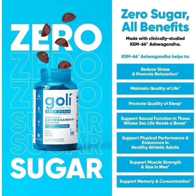 3-pcs Goli Zero Sugar Ashwagandha & Vitamin D, Maca, L-Theanine