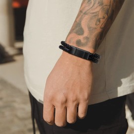 U7 Men's Double-Row Black Braided Leather Bracelet Bangel Wristband with Black Stainless Steel Metal Clasp, Fashion Cuff Bracelets 8.3"