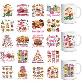 Rngmsi Christmas UV DTF Stickers - 20 Pcs Spanish Christmas UV DTF Cup Wraps for 16 oz Xmas Gingerbread Man Waterproof UVDTF Transfer Decals for Glasses Cups Mug DIY Crafts