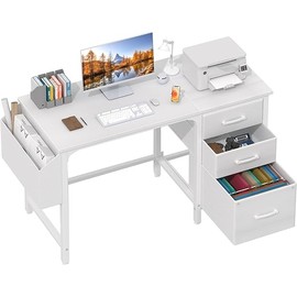 Lufeiya White Desk with Fabric File Drawers Cabinet, 47 Inch Reversible Computer Desk with Filing Cabinet for Bedroom Small Space Home Office, Modern Writing Table PC Desks, White