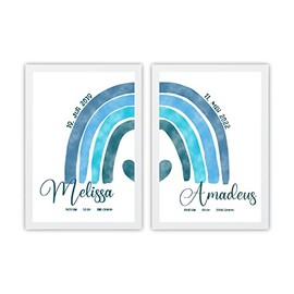 Mountiki® Regenbogen Geburtsposter 2er Set personalisiert | Kinderzimmer Geschwister Bild mit Geburtsdaten | Geschenk zur Geburt | Optional mit Rahmen (Blau)