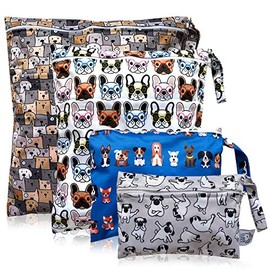 FLOCK THREE 4pcs Waterproof Wet Bag Reusable for Wet Clothes Baby Diapers Stroller Swimsuit Travel Reusable toiletries Pouch Small and Larger Electronics case 4 Pack (Cute Dog)