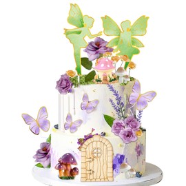 JUYRLE - Decoración para tartas de hadas, 40 unidades, decoración para tartas de jardín con flores de mariposa, suministros para fiesta de cumpleaños para niñas, feliz cumpleaños, baby shower