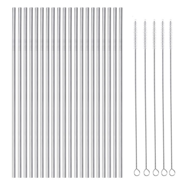 OKGD 25 Piece Set Stainless Steel Straws Ultra Long 10.5 Inch Drinking Metal Straws Reusable Drinking Straws for 20 30 OZ (20 Straight| 5 Brushes)