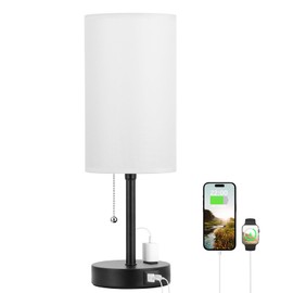 Dicoool 17Inch Tall Bedroom Lamps with USB C and A Ports 3 Color Temperatures - Pull Chain White Nightstand Bedside Table Lamp with AC Outlet, Side Lamp for Living Room End Table