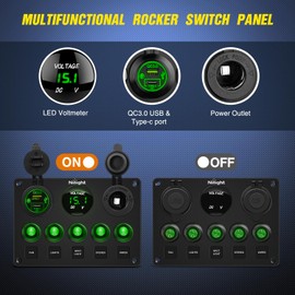 Nilight 5 Gang Multi Function Waterproof Switch Panel PD Type C and USB Socket Digital Voltmeter 12V Outlet Rocker with Inline Fuse for RVs Cars Boats Trucks Trailers Green