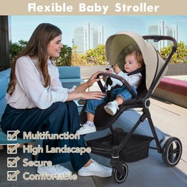 Baby Stroller for Newborn, 4 Modes Convertible Toddler Stroller, High Landscape Pushchair with Reversible Seat, One-Hand Fold, Cup Holder, Storage Basket, Adjustable Footrest & Canopy, Beige