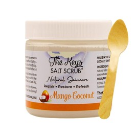 The Keys Salt Scrub -Sea Salt Scrub - Exfoliating Body Scrub with Wooden Spoon - Moisturizing Exfoliator for Hands, Foot, Bath, (Mango Coconut) (3.4 Fl Oz (Pack of 1), Mango Coconut)