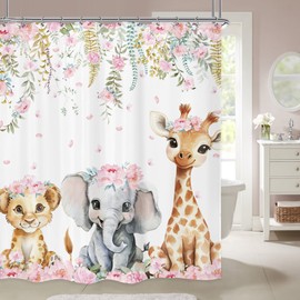 LGhtyro Animals Kids Shower Curtain Bathroom Set 60Wx71H Inches Watercolor Pink Floral Flowers Leaves CartoonC Cute Elephant Giraffe Leopard Bath Accessories Art Home Decor Fabric 12 Pack Hooks