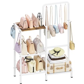 Whoonba Floor-Standing 3-Tier Purse Organizer, High-Capacity Bag Holder with 8 Hooks, Multi-Functional Purse Rack for Various Bags, Handbag Display Stand Shelf for Closet, Bedroom, Entryway, White