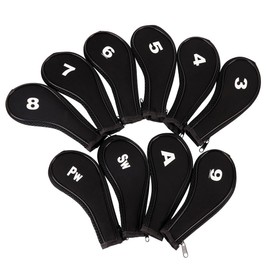 Golf Club Iron Head Covers 10 Piece Set Headcover Shaft Protector Black with White
