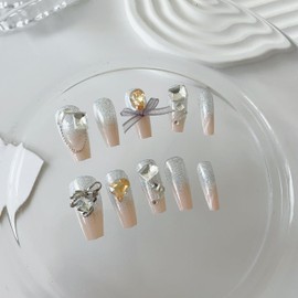 24pcs French Luxury Press On Nails Coffin Nails False Nails, Silver Glitter with Crystal Gems and Large Bow Tie