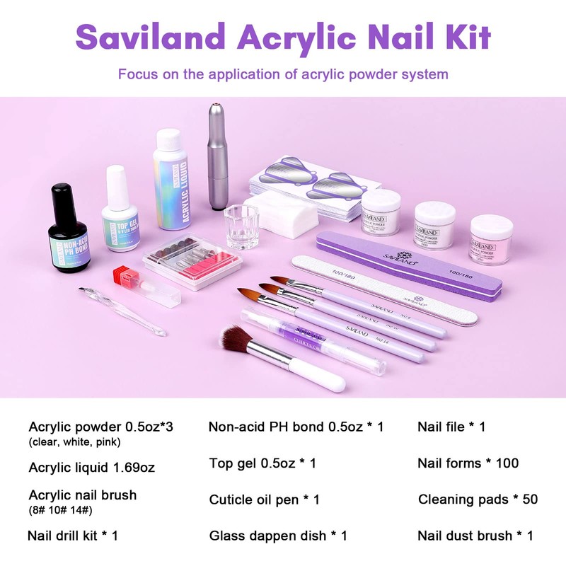 SAVILAND Acrylic Nail Kit with Drill: Professional 0.5Oz Clear/White/Pink Acrylic