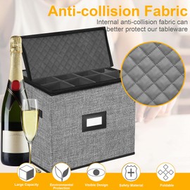 ouruer Champagne Flute Storage Box,Quilted Stemware Storage Box Hard Shell,Stackable Champagne Glass Container,Wine Glass, Crystal Glassware, Drinkware Case for Moving Transport(Grey)