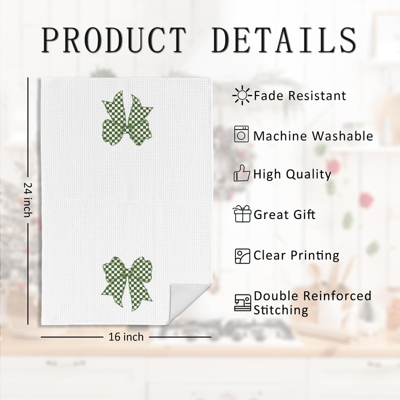 Coquette Green Checkered Bow Kitchen Towels, Black and White Checkerboard