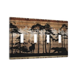 Xuejiaku Forest Lodge Brown Wooden Board Moose Wildlife Quad Toggle Light Switch Covers 4 Gang Wall Plate Decorative Switchplate Electrical Faceplate for Farmhouse Country Bedroom Decor