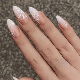 Christmas Press on Nails Medium Almond Winter Fake Nails Nude Full Cover White Snowflake False Nails with Designs Glossy Glue on Nails Acrylic Manicure Xmas Nail Decorations for Women Girls 24Pcs