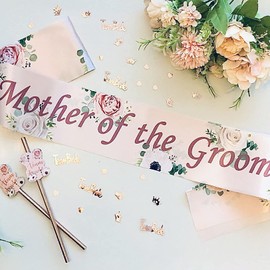 Mother of The Groom Hen Party Sash (Pack of 1) - Rose Gold Satin Floral Sash with Pink Text for Women and Girls Bachelorette Parties - Bridal Party Favours - Wedding Accessories