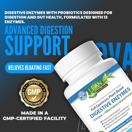 LEAN Nutraceuticals Digestive Enzymes for Gut Health C Bloating & Gas Relief Supplement C IBS Support, Probiotic-Infused Enzyme for Women & Men C Breaks Down Dairy, Carbs & Fats C Keto & Paleo Friendly C 90 Capsules