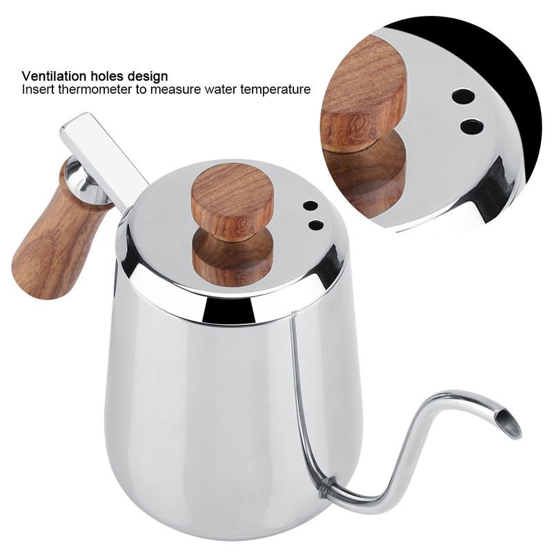 304 Stainless Steel Wooden Handle Drip Coffee Pot Long Gooseneck