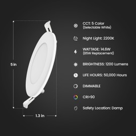 Feit Electric 6" LED Canless Recessed Downlight with Night Light Mode and Integrated J-Box, 85W EQ, Dimmable, 5CCT Selectable White, 1200 Lumens, 50,000-hour Lifetime, LEDR6XT/HO/NL5CCTCA4, 4 Pack