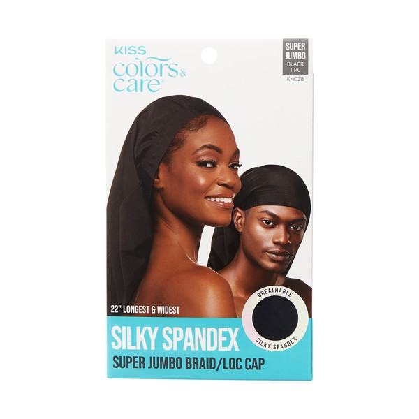 KISS COLORS & CARE Spandex Braid/Loc Cap, Super Jumbo - Comfortable, Stretchy & Mark-Free for All Hair Types - Great for Protective Styles Including Long Braids, Locs, and Weaves Black