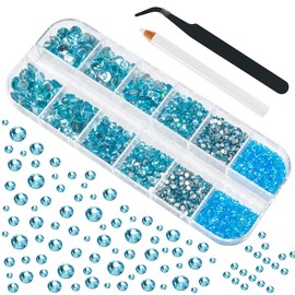 4010Pcs Aquamarine Rhinestones Lake Blue Nail Rhinestones for Makeup K9 Glass 6 Sizes (1.6-6mm) to SS30 Round Flatback Water Blue Nail Gems Stones Jewels Non-Hotfix Nail Charms for Nails Eyes Face etc