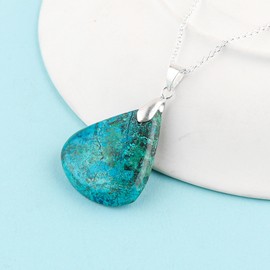 NJCRAFT Natural Chrysocolla Gemstone Pendant Necklace, Handcrafted Jewelry, AAA Quality Cabochon Necklace, Chakra Stones, Healing Crystals, Adjustable Silver Plated Chain, Gift for Women, 18inch