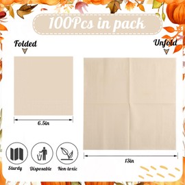 Teling 100 Pcs Cream Paper Napkins Disposable Beige Napkins for Fall Holidays Wedding Home Luncheon Reception Tea Party Dining Supplies Thanksgiving Party Decorations (Beige)