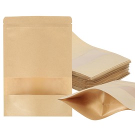 PATIKIL Stand Up Pouch Bags, 40 Pack 10 x 7 Inch Resealable Kraft Paper Bags Pouches with Clear Window and Zip for Food Storage Packaging Small Business Home, Brown