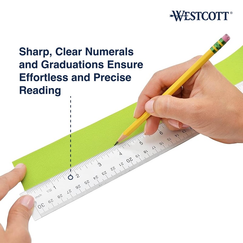 Westcott Acrylic Clear Ruler, Easy-to-Read Markings, Scratch-Resistant Design, Raised Beveled