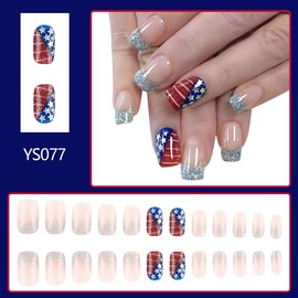 Independence Day Press on Nails 4th of July Fake Nails Red Lines Blue Stars Design Silver Glitter Glue on Nails Short Square Silver French Tip False Nails July 4th Nude Pink Nails Press ons 24Pcs