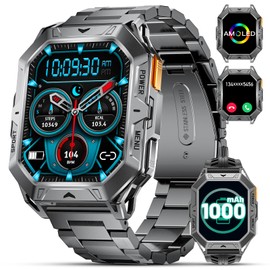 FEELNEVER Militär-Smartwatch für Herren (1000-mAh-Akku), 4,96 cm Amoled-Smartwatches mit Anrufannahme, Smartwatch mit Herzfrequenz-SpO2-Monitor, 5 ATM wasserdichte Sport-Fitnessuhr für Android iOS