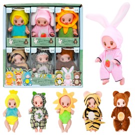Barwa 6 Pcs Mini Baby Dolls 3 Inch Realistic Lifelike Small Doll with Cute Animal Outfits Lifelike Tiny for Toddlers Kids Toys Figures