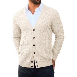 Runcati Mens Cardigan Sweater Casual Cable Knitted V Neck Button Down Winter Chunky Sweaters White